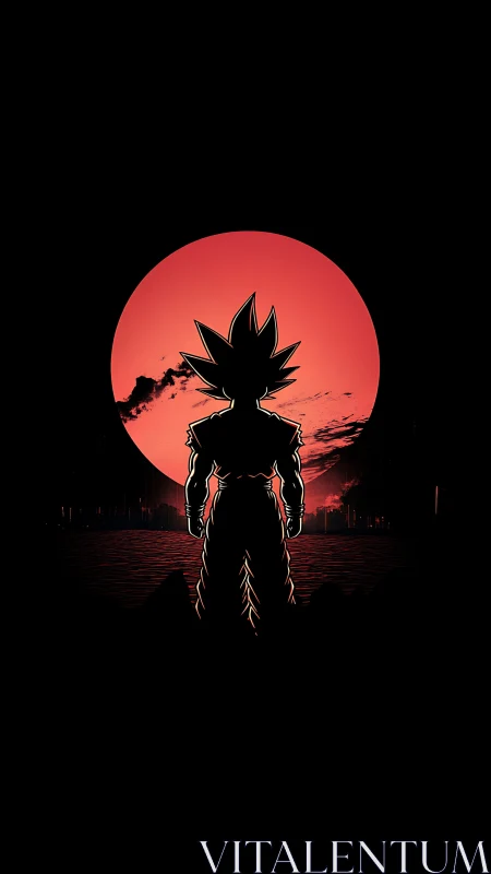 Saiyan warrior silhouette against dramatic crimson moon.