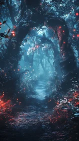Enchanted Forest Pathway with Bioluminescent Illumination Through Ancient Trees