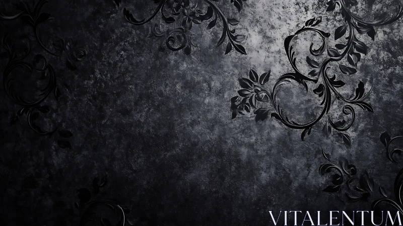 Dark ornamental floral pattern on textured stone surface.