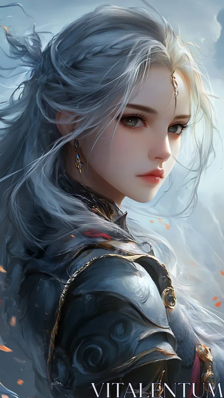 Silver haired warrior in ornate dark armor under diffuse sky light