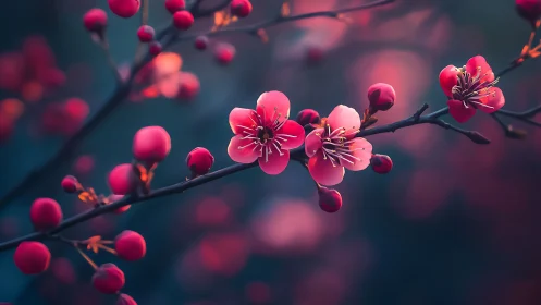 Luminescent Plum Blossoms with Spherical Buds Against Teal Gradient.