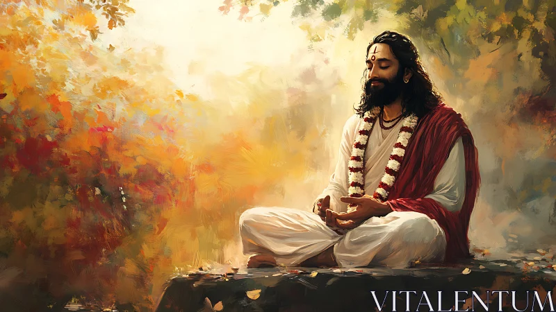 Man in traditional robes meditating outdoors in autumn forest
