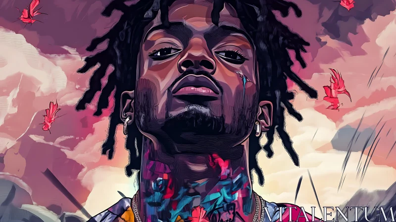 Skyward gaze crowns a neon-splashed portrait of resolve