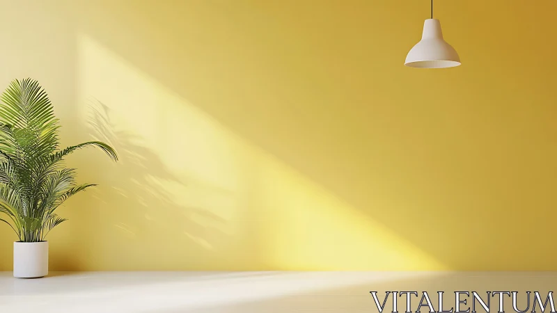 Directional sunlight defines palm plant shadows on yellow wall