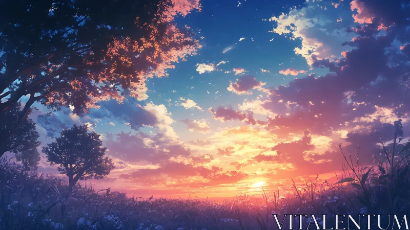 Radiant sunset sky unfolds above tranquil wildflower meadow.