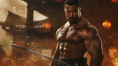 Firelit warrior stands unbroken in lantern-lit night storm.