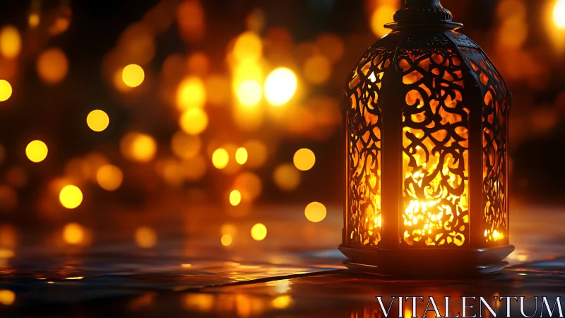 Ornate metal lantern glowing with warm bokeh lights.