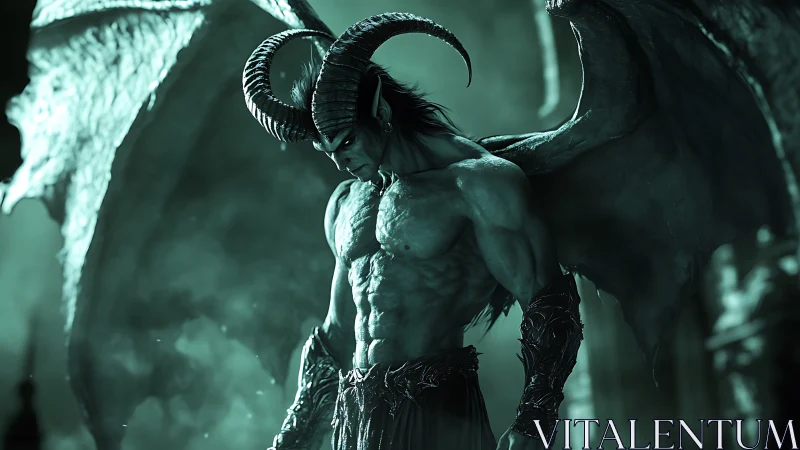 Brooding horned demon stands strong in eerie green glow