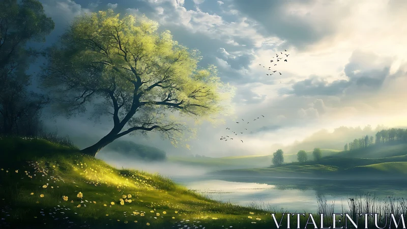 Soft morning light welcomes a peaceful riverside meadow