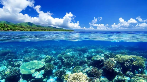 Tropical fringing reef split view with island coastline horizon