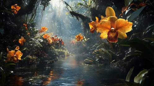 Golden orchids over misty jungle river in filtered light.
