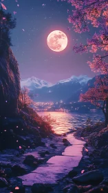 Moonlit lake path glows softly beneath pink blossom skies