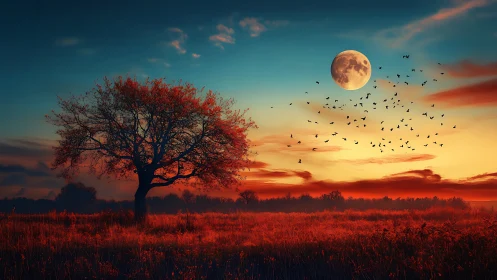 Lone autumn tree under full moon in cinematic dusk sky.