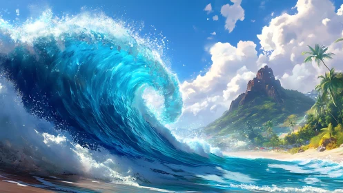 Giant translucent wave curls toward a lush tropical island