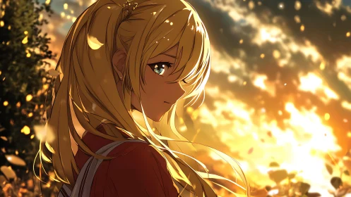 Sunlit anime girl in autumn glow at golden sunset.