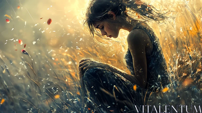 Solitary girl glows in a storm of light, petals and memory