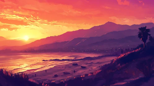 Coastal shoreline and mountains under orange sunset sky.