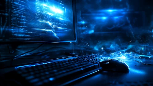 Glowing cyber workstation invites a dive into digital worlds