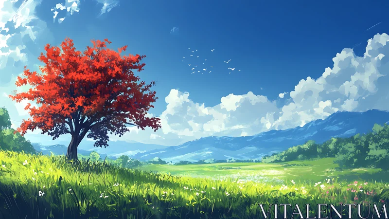 Red tree on open meadow with distant blue mountain range.