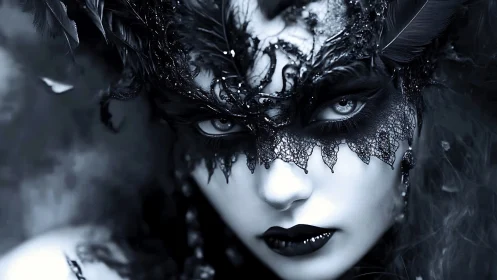 Gothic portrait of masked woman with black lace and feathers
