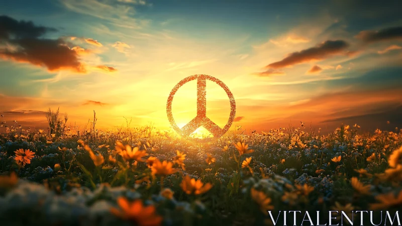 Sunset peace symbol glowing above wildflower meadowscape.