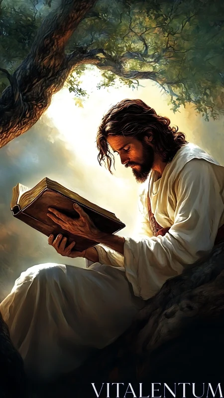 Contemplative robed figure studies ancient book under dappled light