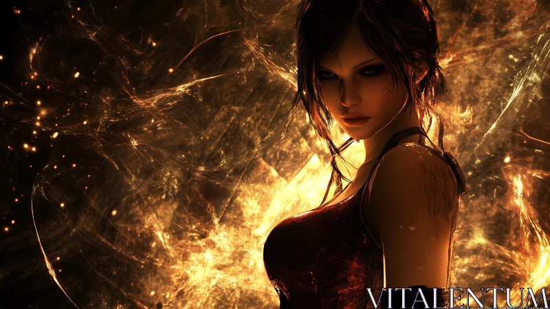 Digital warrior portrait framed by high energy fiery particle field