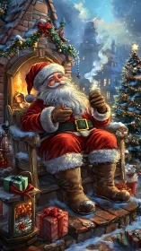 Santa’s cocoa break beside a glittering hearth of wishes.