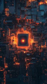 Glowing cybernetic core renders a luminous data circuitry matrix