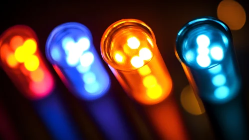 Neon test-tube beacons casting a playful chromatic glow.