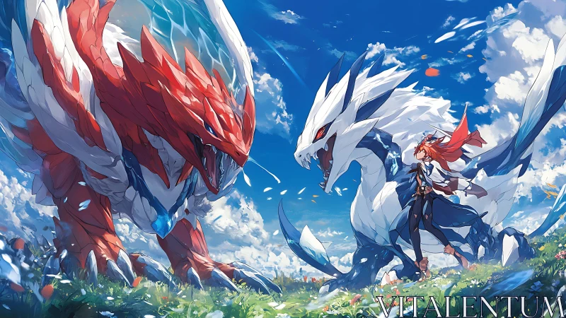 Skyfield standoff with twin elemental dragons and lone rider.