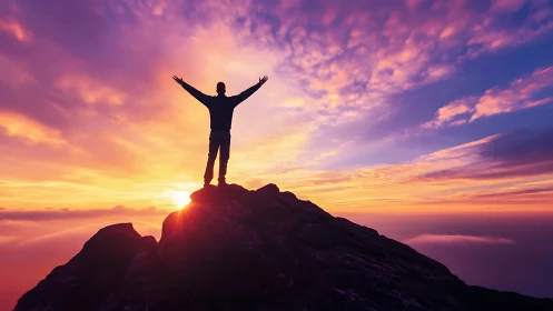 Silhouetted figure atop rocky summit under high-saturation sunrise