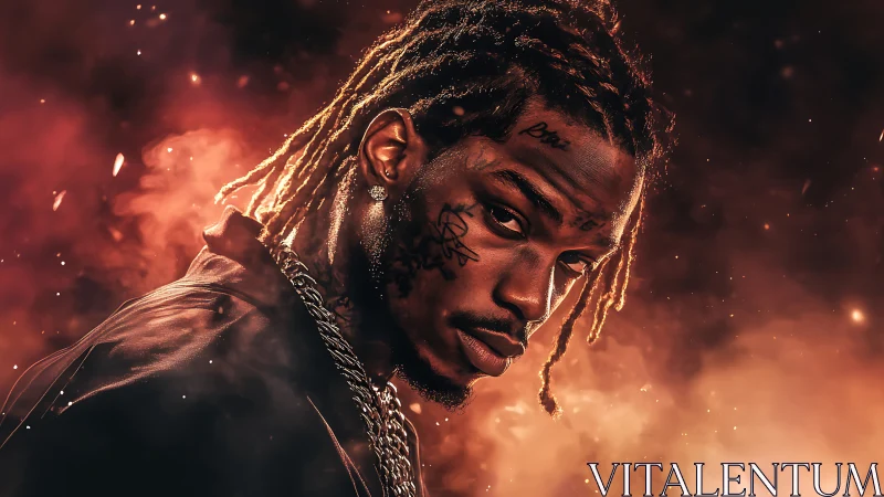 Intense gaze in glowing ember clouds of urban swagger.