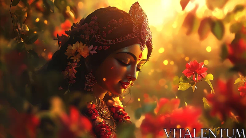 Divine feminine portrait glows in backlit floral bokeh garden
