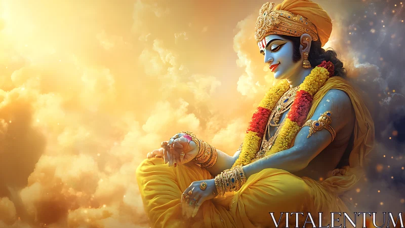 Divine blue-skinned deity meditating in radiant golden clouds
