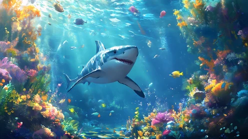 Shark swimming through dense coral reef in clear daylight.