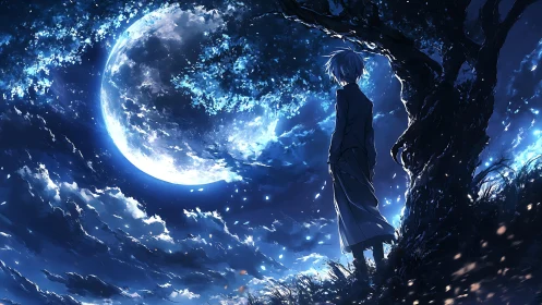 Midnight dreamer standing beneath a glowing blue moon.