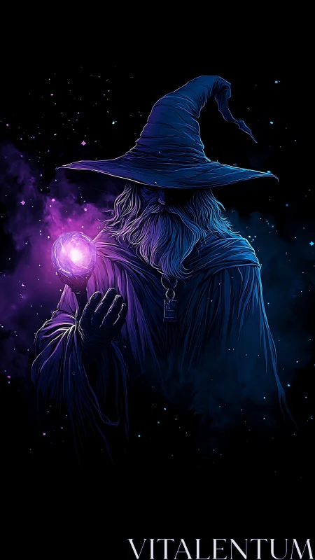 Mystic wizard holding glowing purple orb in deep space.