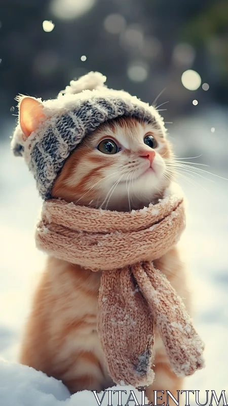 Digitally rendered feline wearing knitted winter accessories in snowy environment