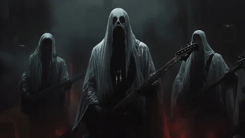 Ghostly metal band under shrouds on darkened stage.