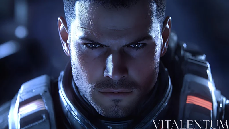 Futuristic armored soldier stares forward with intense focus