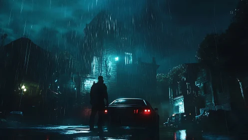 Lone figure in rainy neon alley beside parked car at night.