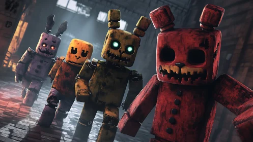 3D horror animatronic rabbits in dynamic corridor composition.