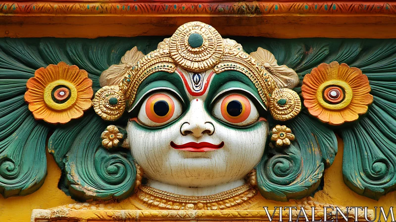 Polychrome carved deity mask with floral relief and gilded details