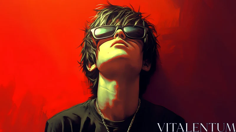 Cool teen in sunglasses leans back against vivid red wall.