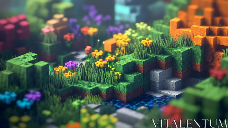 Voxel meadow garden in luminous spring bloom panorama.