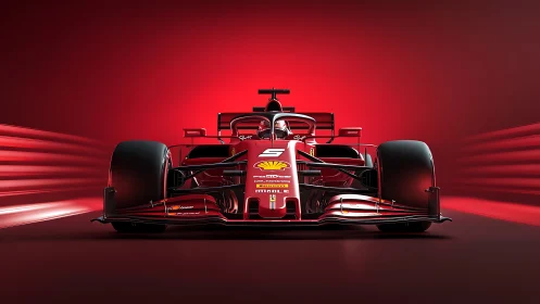 Scarlet F1 racer surging forward in streamlined red tunnel.