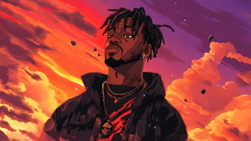 Stylized hip hop portrait against vibrant cinematic sunset sky