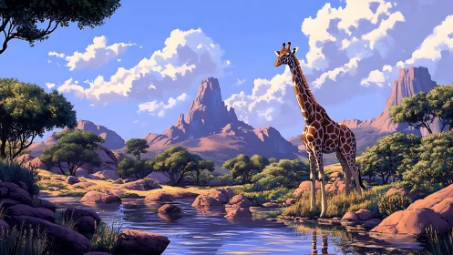 Giraffe at reflective savanna river under volumetric cumulus sky.