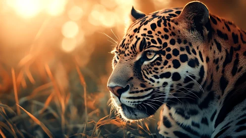 Photorealistic jaguar portrait in cinematic sunset lighting.